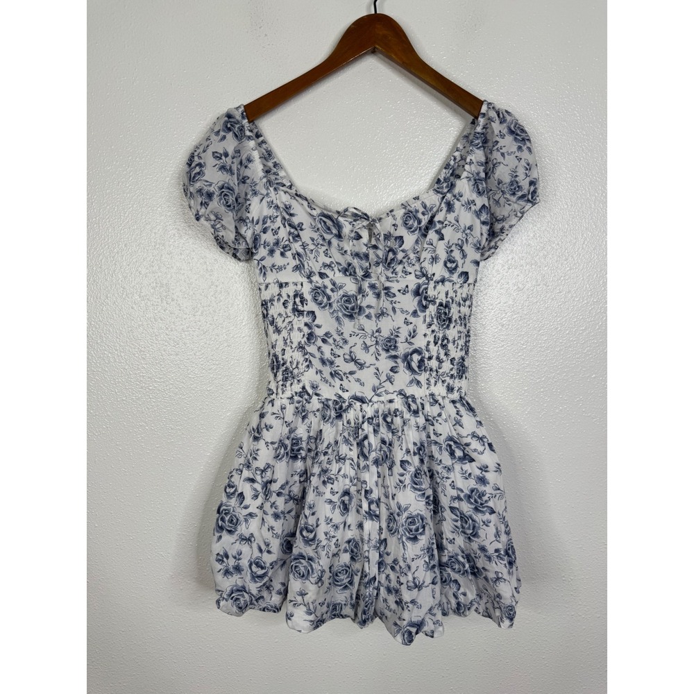 Hollister Women Blue White Floral Puff Sleeve Smocked Bubble Dress XS Cotton